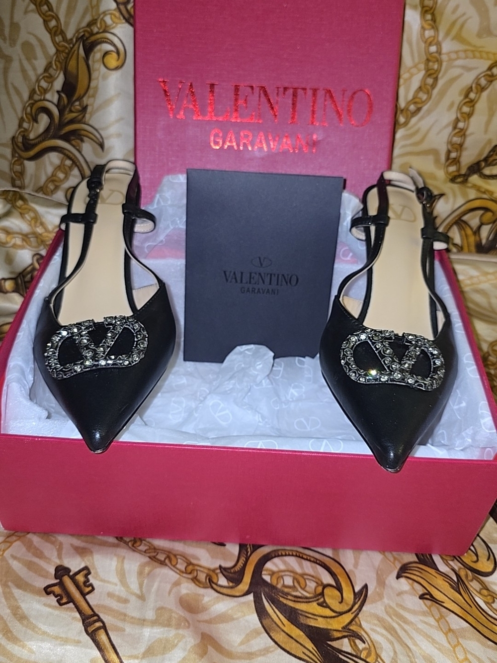 Valentino Garavani Black Crystal-Embellished Pointed Slingback Flats